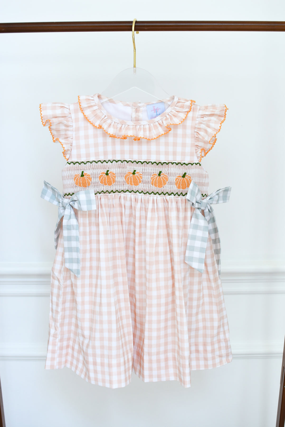 PRE-ORDER Girls Harvest Gingham Pumpkin Bow Dress