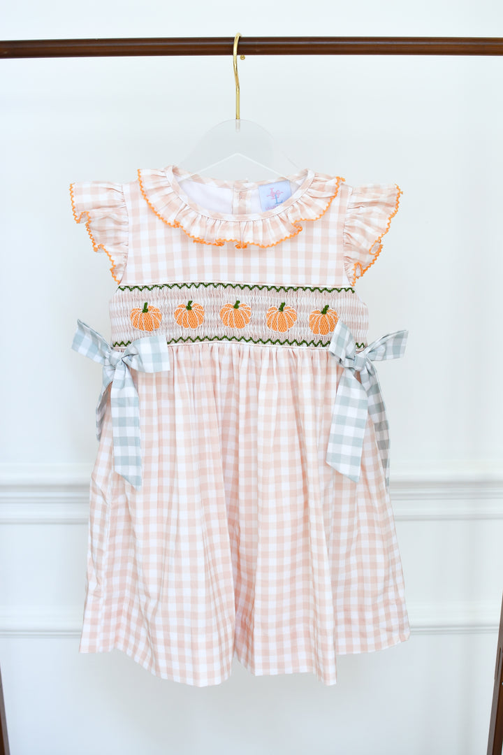 PRE-ORDER Girls Harvest Gingham Pumpkin Bow Dress