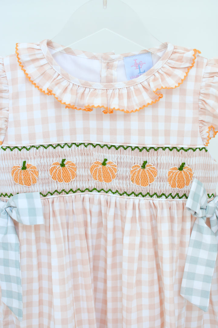 PRE-ORDER Girls Harvest Gingham Pumpkin Bow Dress