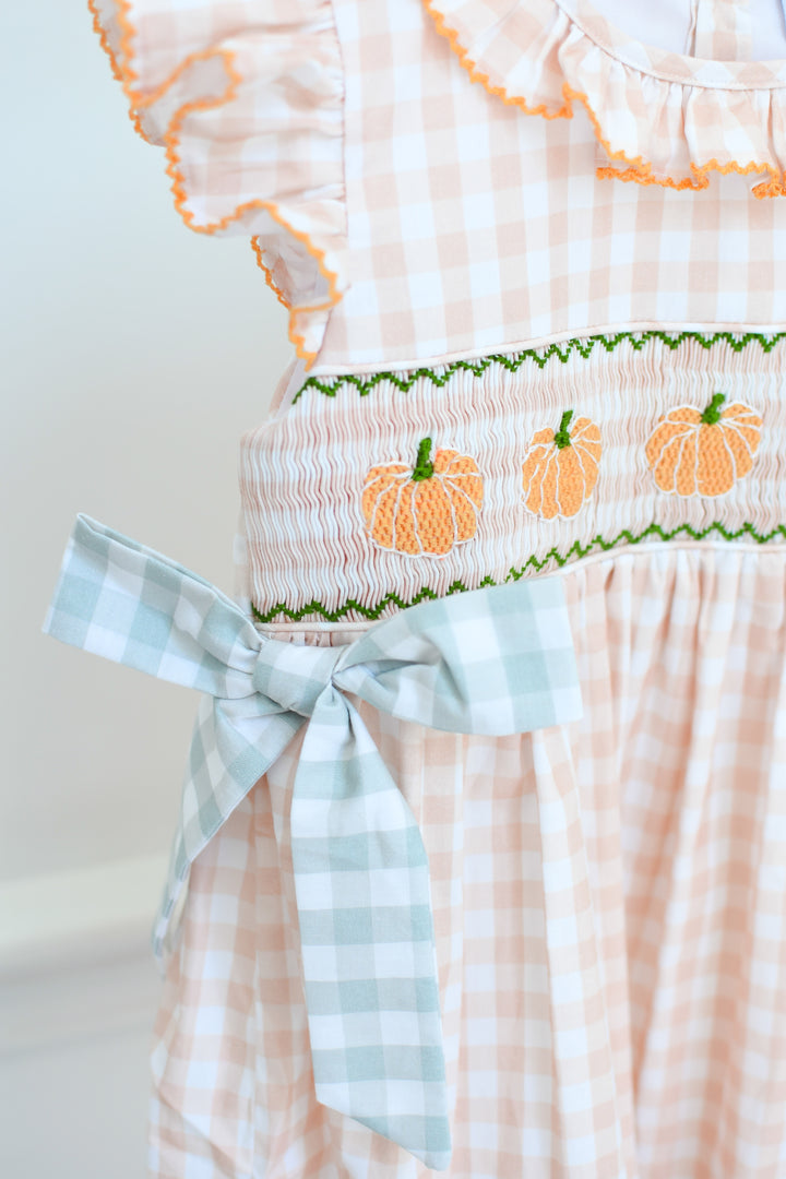 PRE-ORDER Girls Harvest Gingham Pumpkin Bow Dress