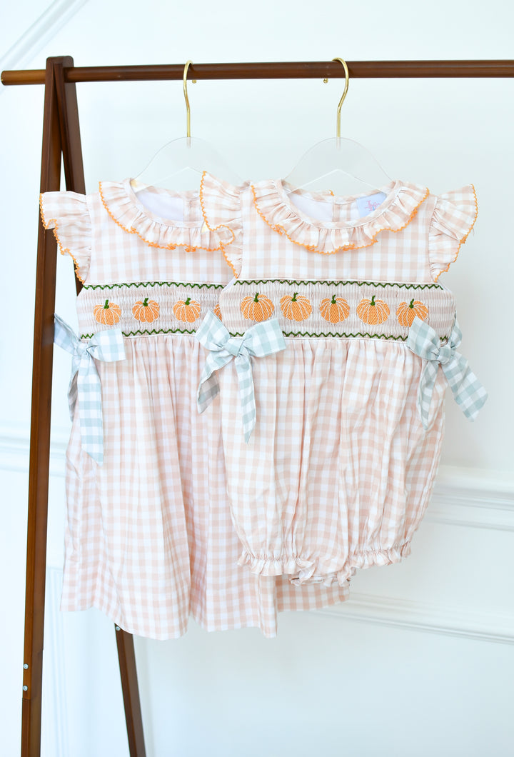 PRE-ORDER Girls Harvest Gingham Pumpkin Bow Dress