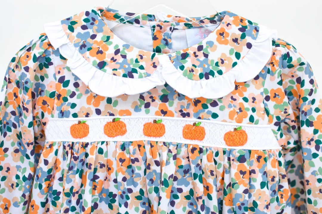 PRE-ORDER Girls Yellow Fall Floral Pumpkin Smocked Bubble