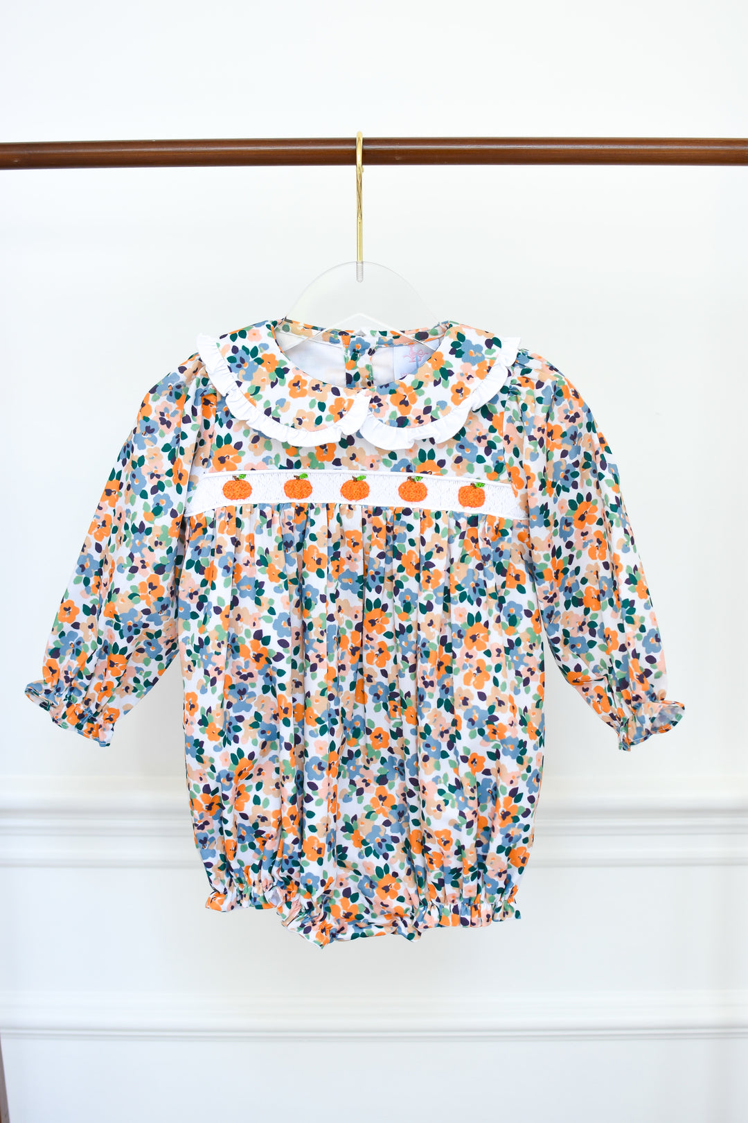 PRE-ORDER Girls Yellow Fall Floral Pumpkin Smocked Bubble