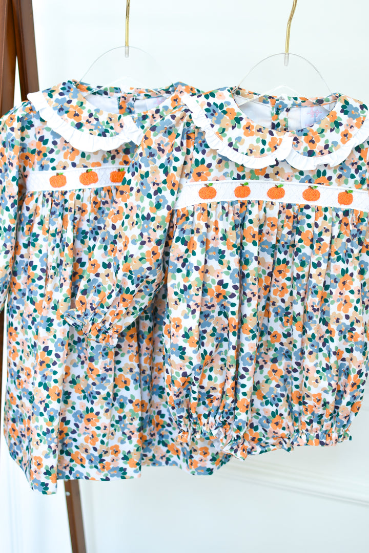 PRE-ORDER Girls Yellow Fall Floral Pumpkin Smocked Bubble