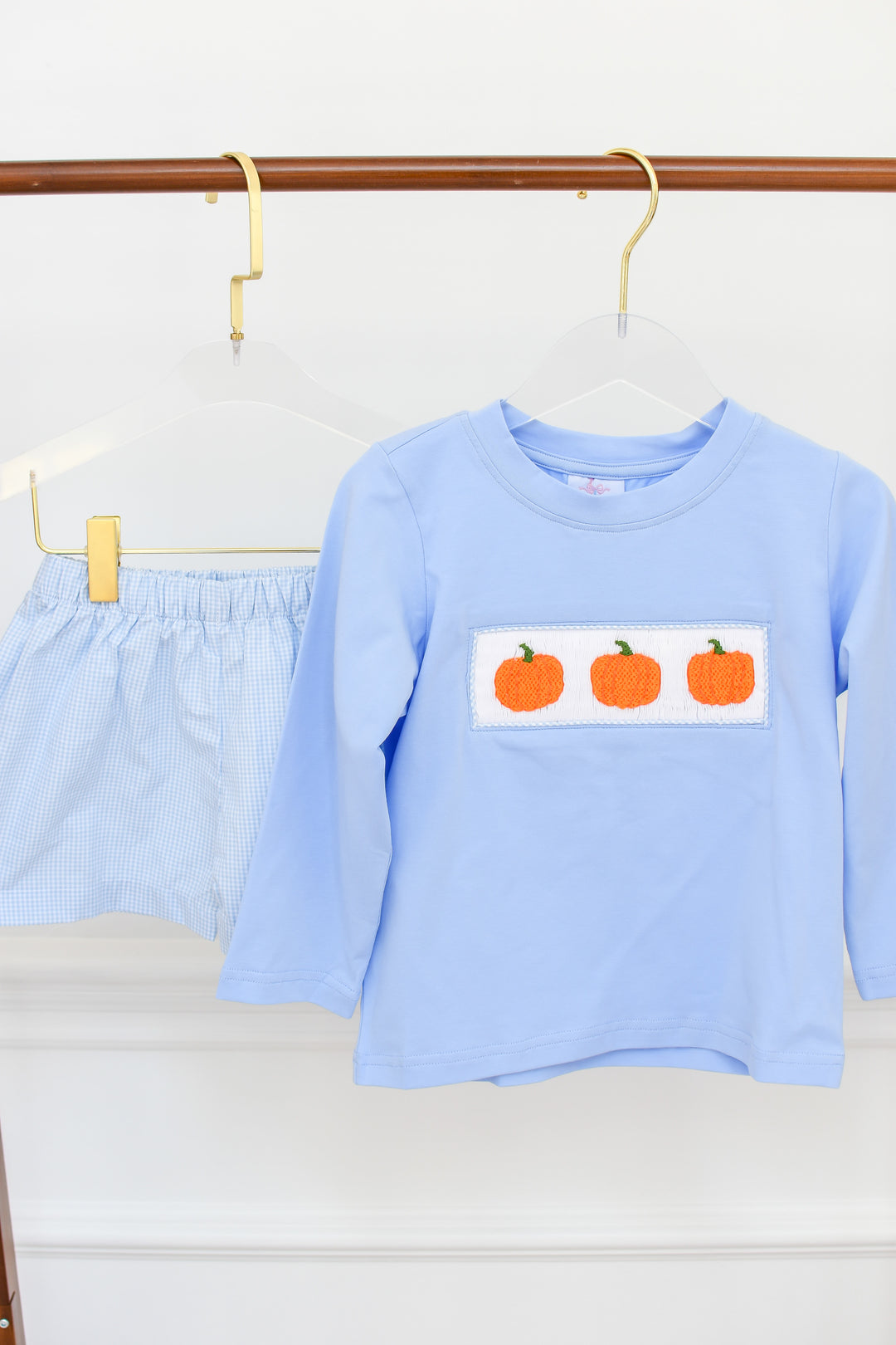 PRE-ORDER Boys Pumpkin Trio Long Sleeve Shirt & Gingham Short Set