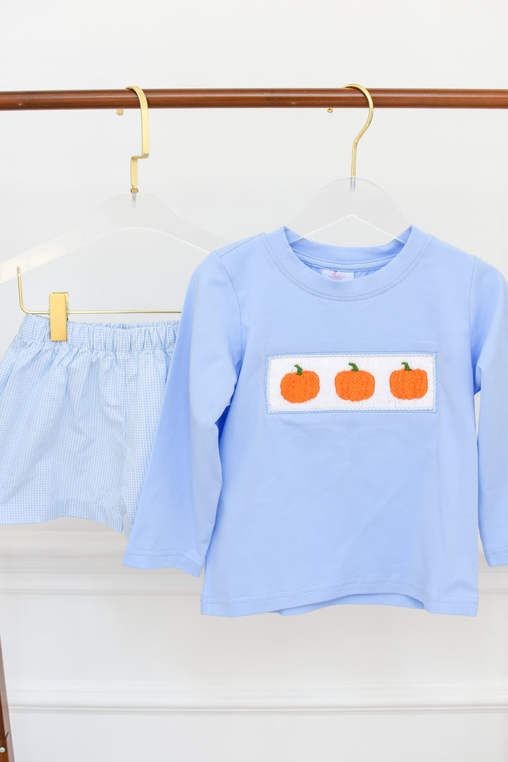 PRE-ORDER Boys Pumpkin Trio Long Sleeve Shirt & Gingham Short Set