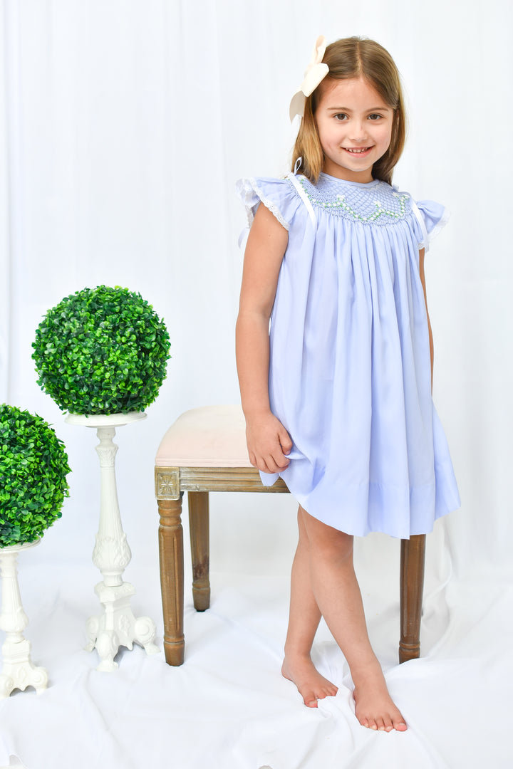 Roses & Bows Smocked Dress in Blue
