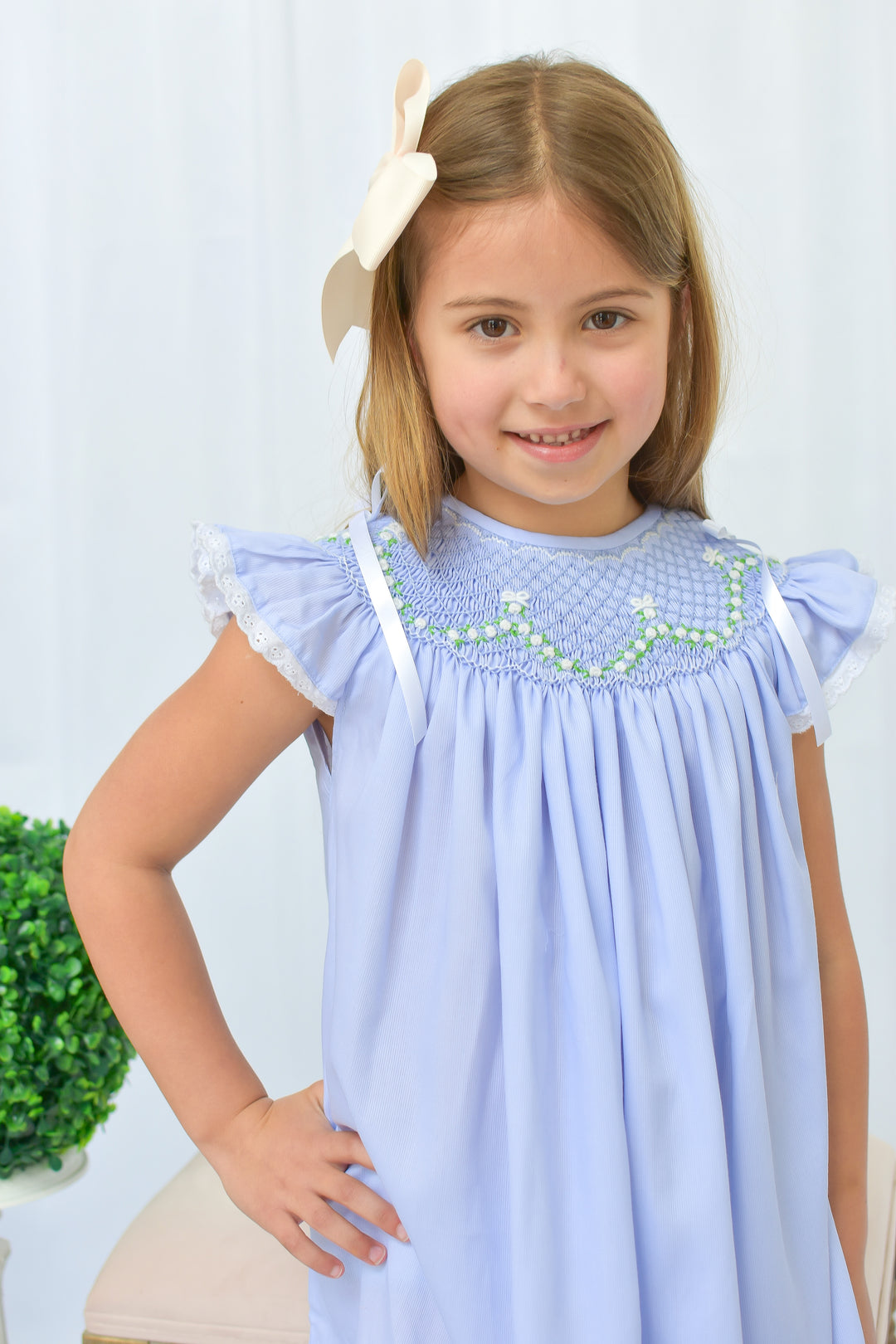 Roses & Bows Smocked Dress in Blue