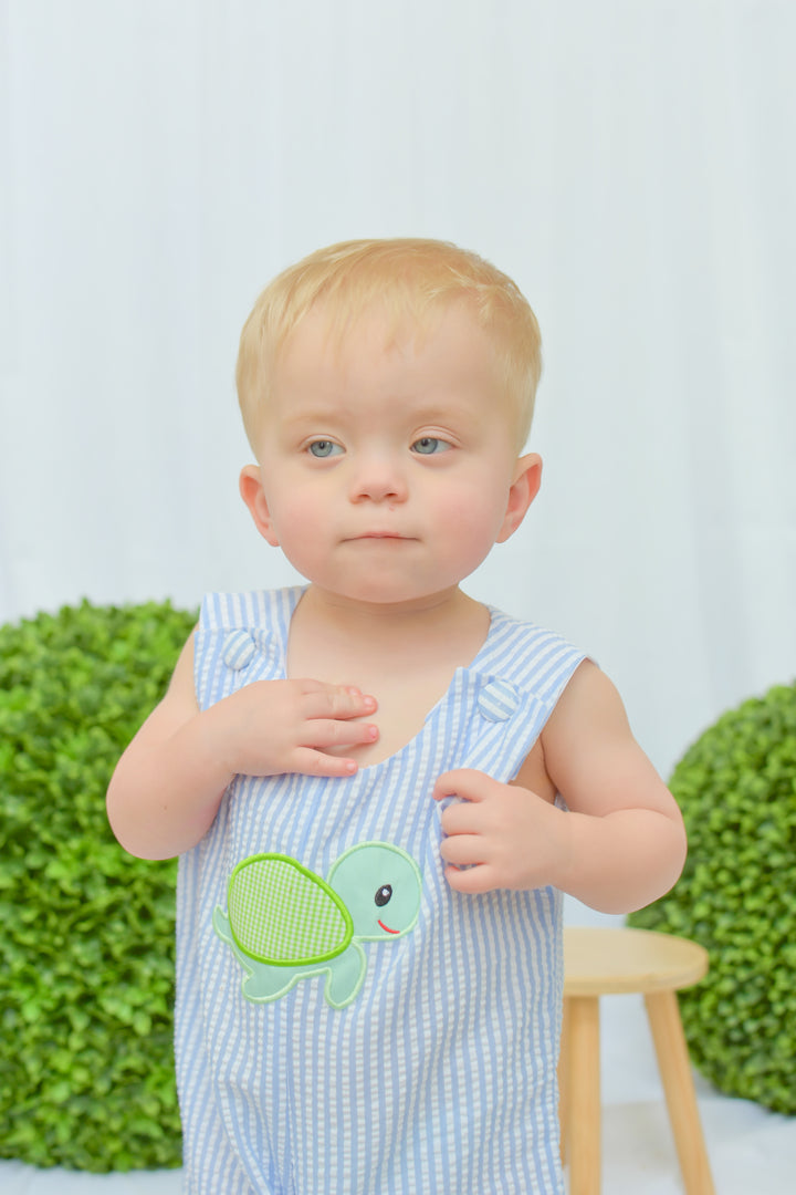 Blue Seersucker Turtle Applique Shortall