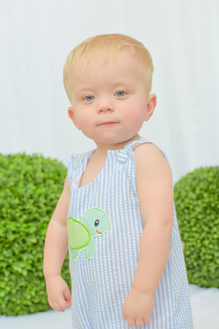 Blue Seersucker Turtle Applique Shortall