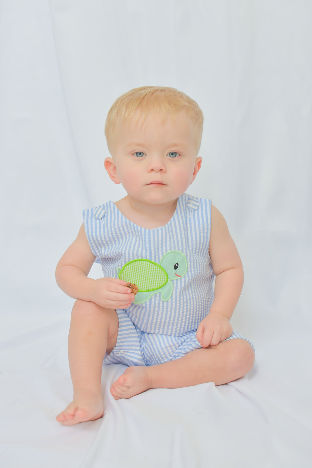 Blue Seersucker Turtle Applique Shortall
