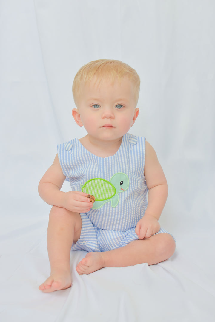 Blue Seersucker Turtle Applique Shortall