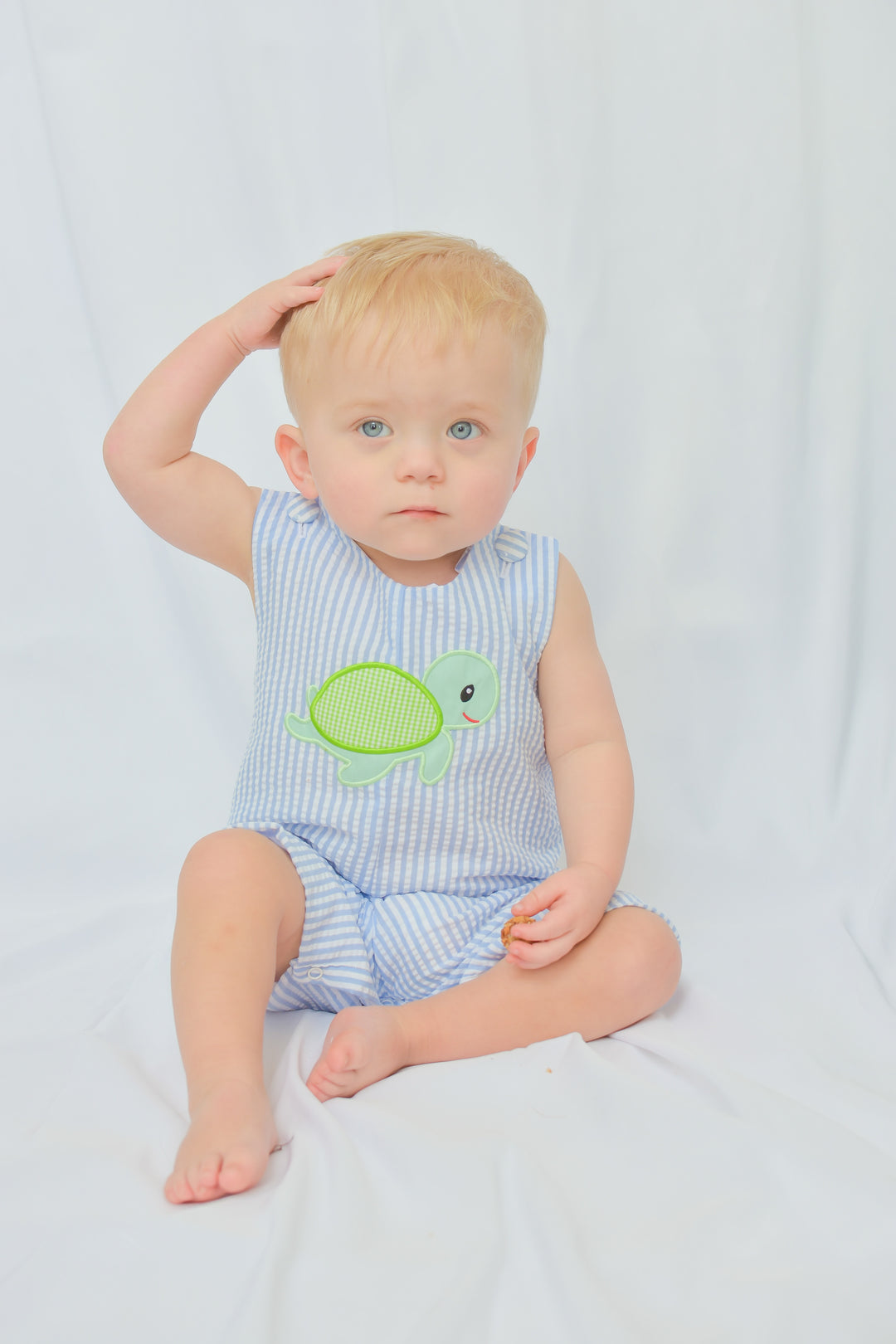 Blue Seersucker Turtle Applique Shortall