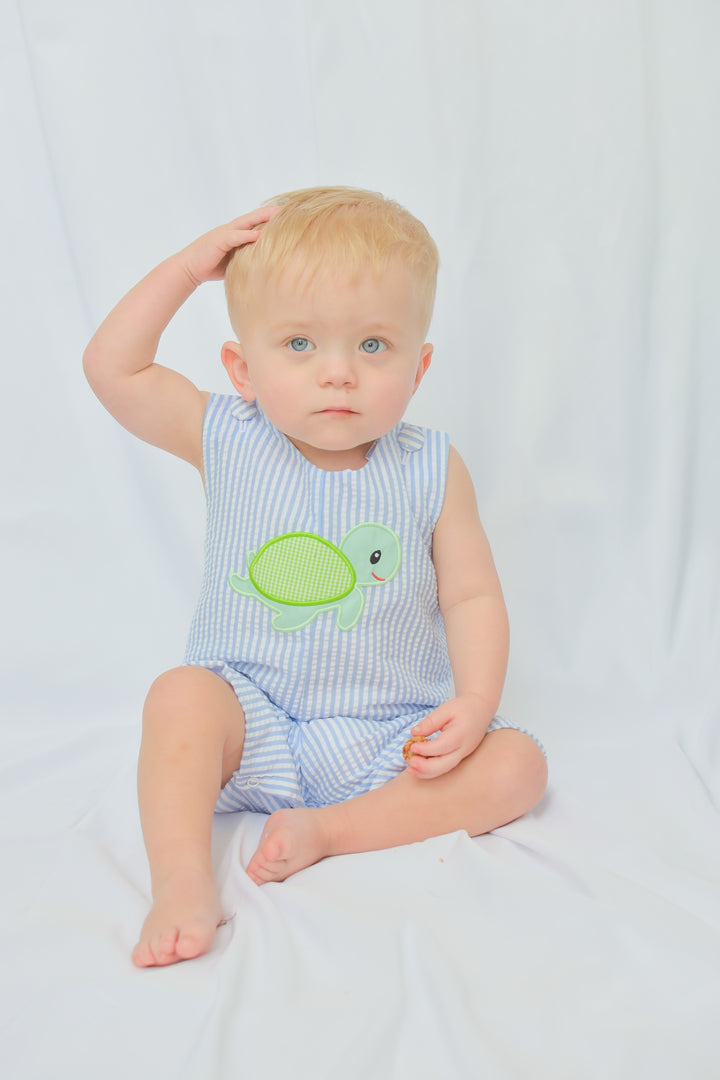 Blue Seersucker Turtle Applique Shortall