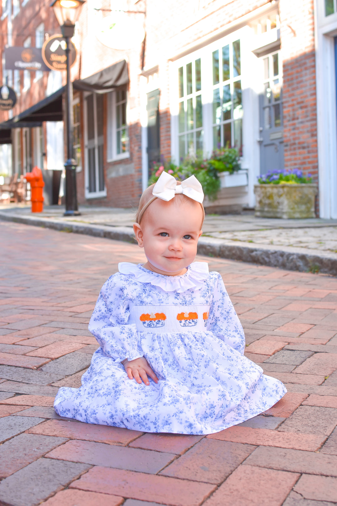 PRE-ORDER Girls Blue Toile Smocked Pumpkin Pie Dress