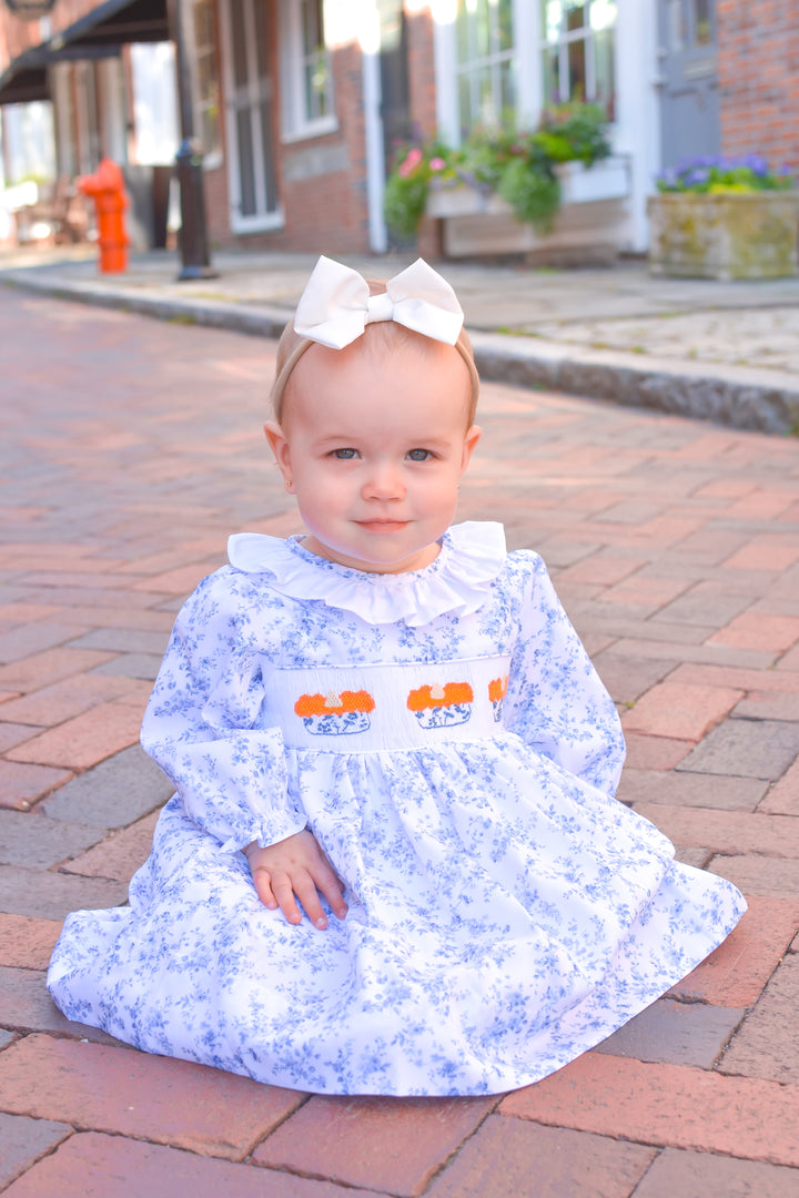 PRE-ORDER Girls Blue Toile Smocked Pumpkin Pie Dress