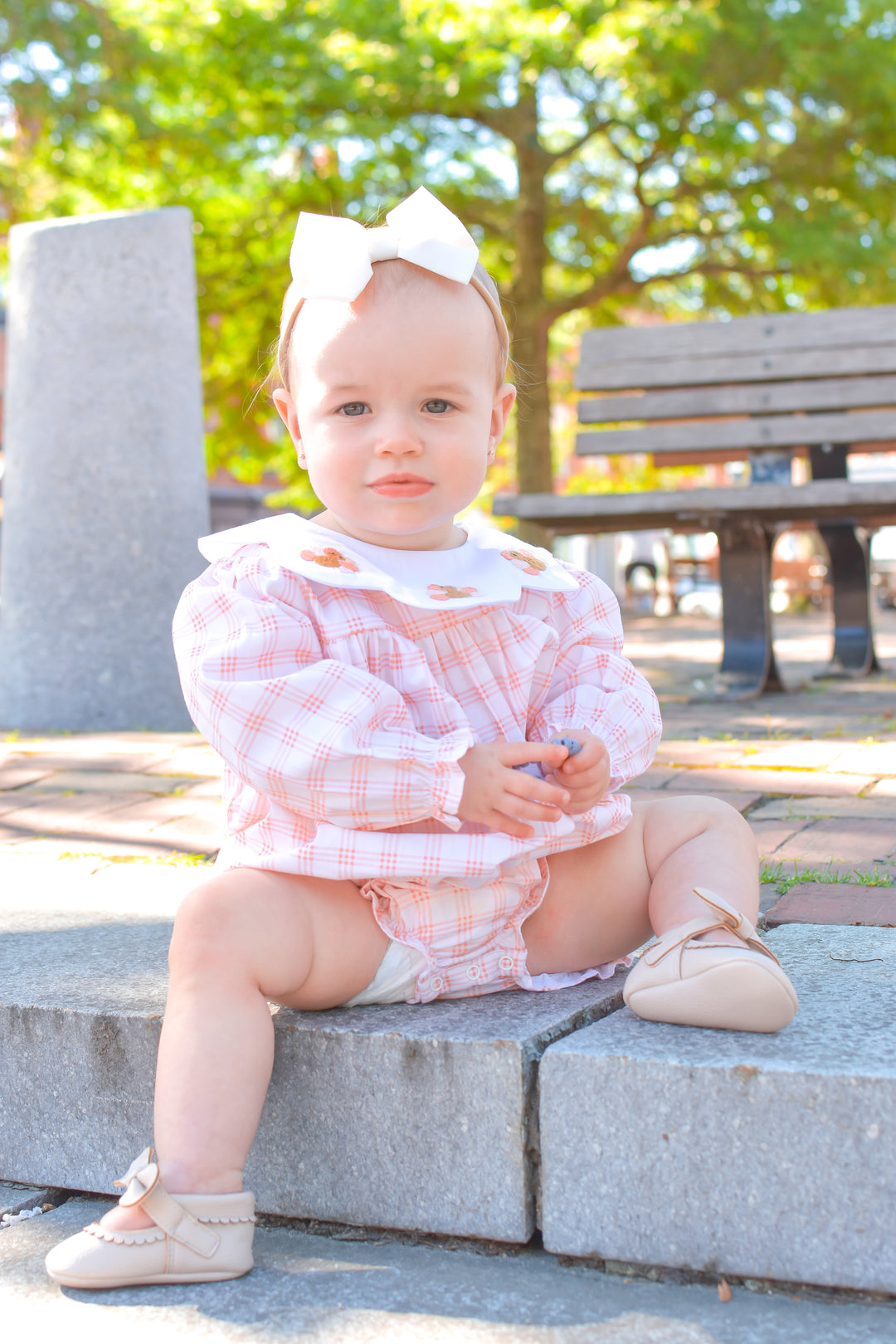 PRE-ORDER Girls Peach Gingham Turkey Collar Bubble