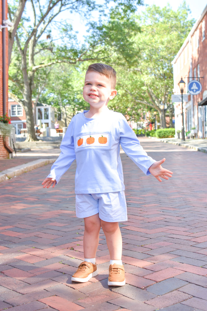 PRE-ORDER Boys Pumpkin Trio Long Sleeve Shirt & Gingham Short Set