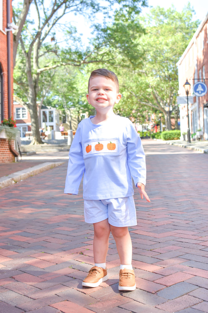 PRE-ORDER Boys Pumpkin Trio Long Sleeve Shirt & Gingham Short Set