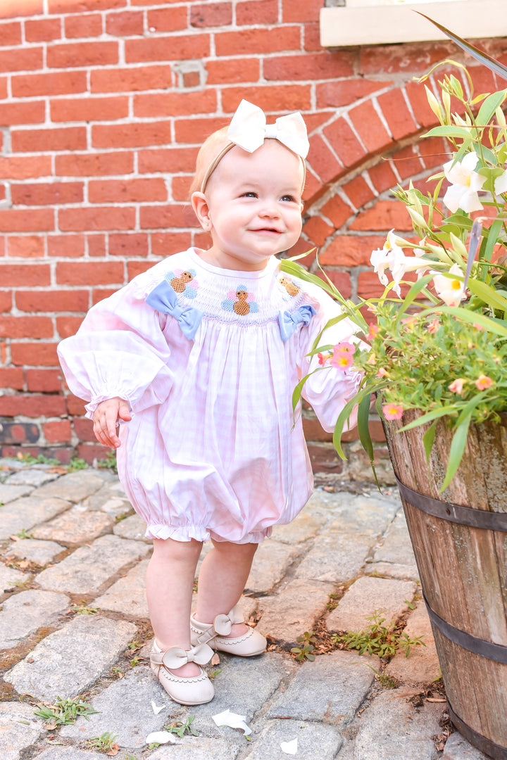 PRE-ORDER Girls Pink Gingham Turkey Smocked Bubble with Blue Bows