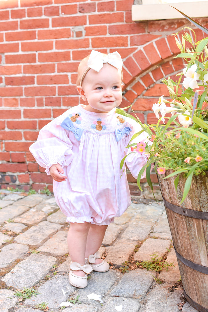 PRE-ORDER Girls Pink Gingham Turkey Smocked Bubble with Blue Bows
