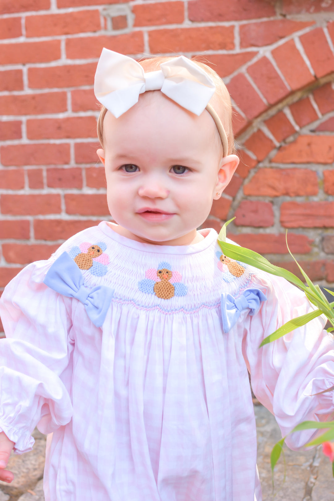 PRE-ORDER Girls Pink Gingham Turkey Smocked Bubble with Blue Bows