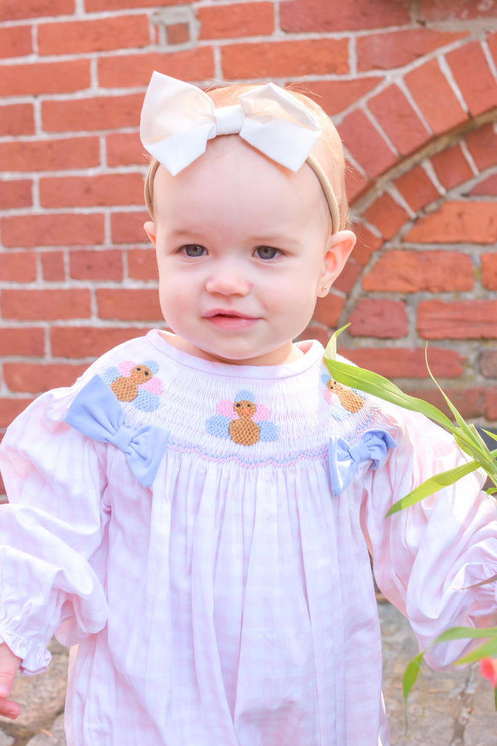 PRE-ORDER Girls Pink Gingham Turkey Smocked Bubble with Blue Bows