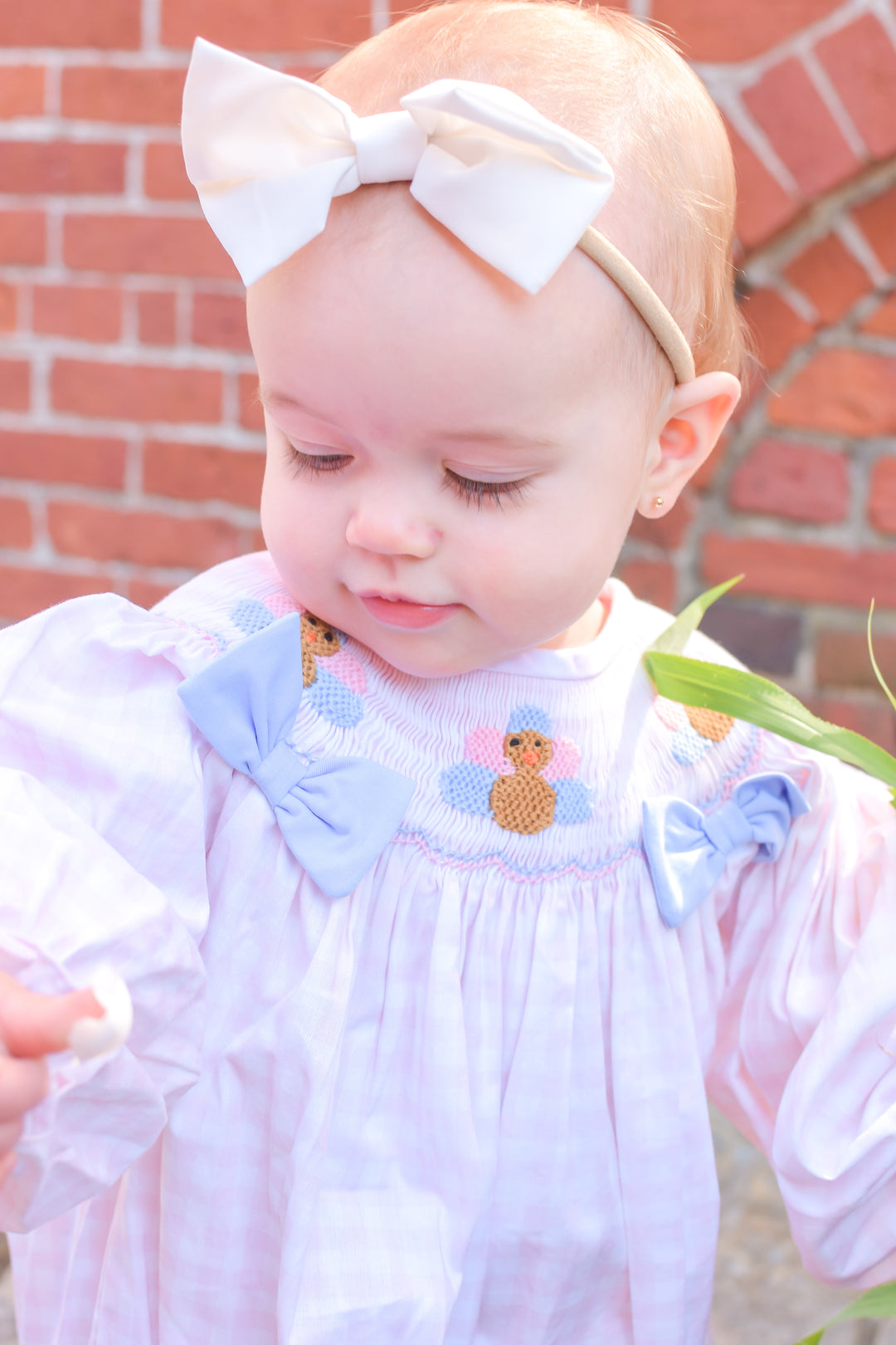 PRE-ORDER Girls Pink Gingham Turkey Smocked Bubble with Blue Bows