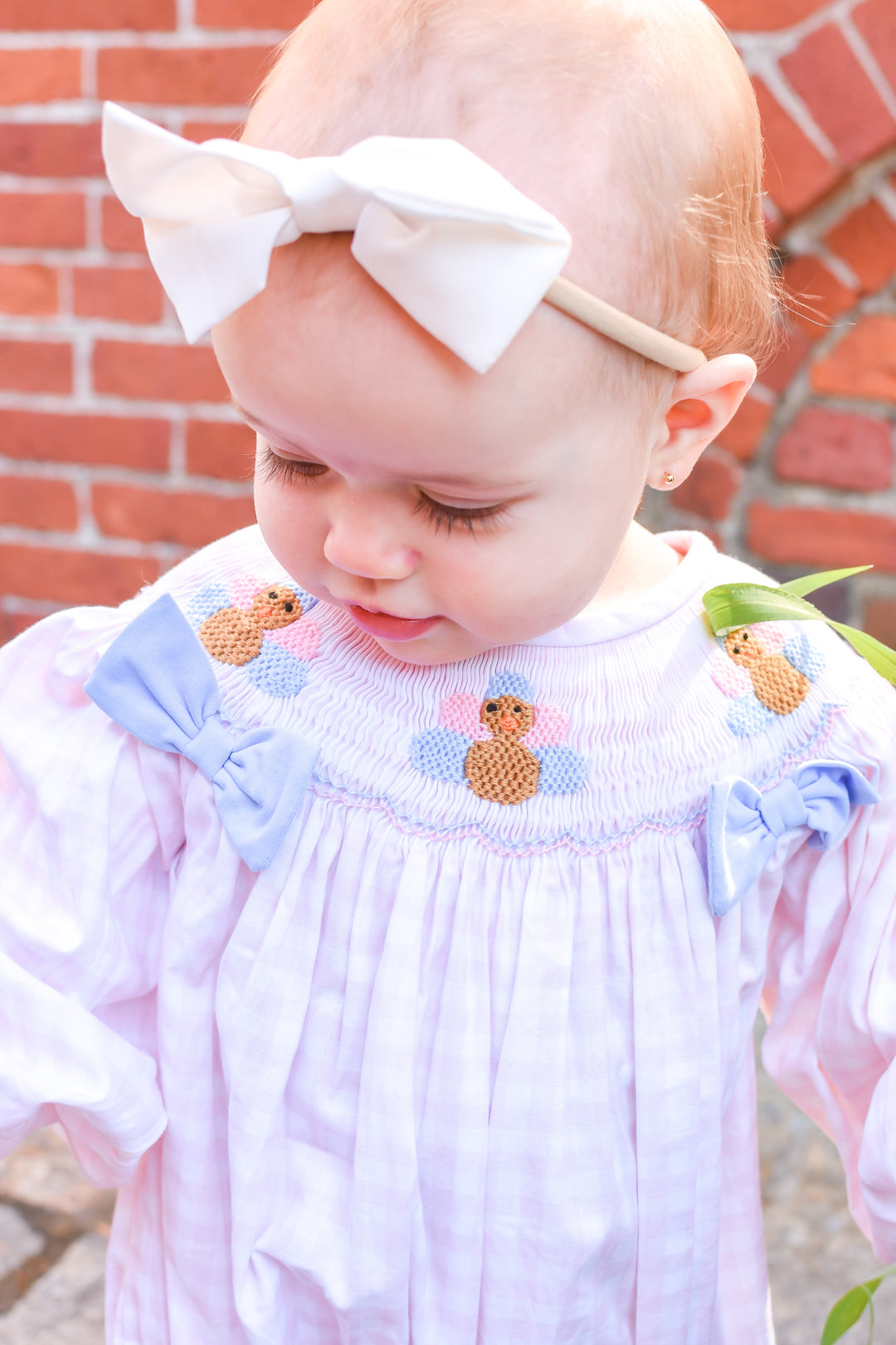 PRE-ORDER Girls Pink Gingham Turkey Smocked Bubble with Blue Bows