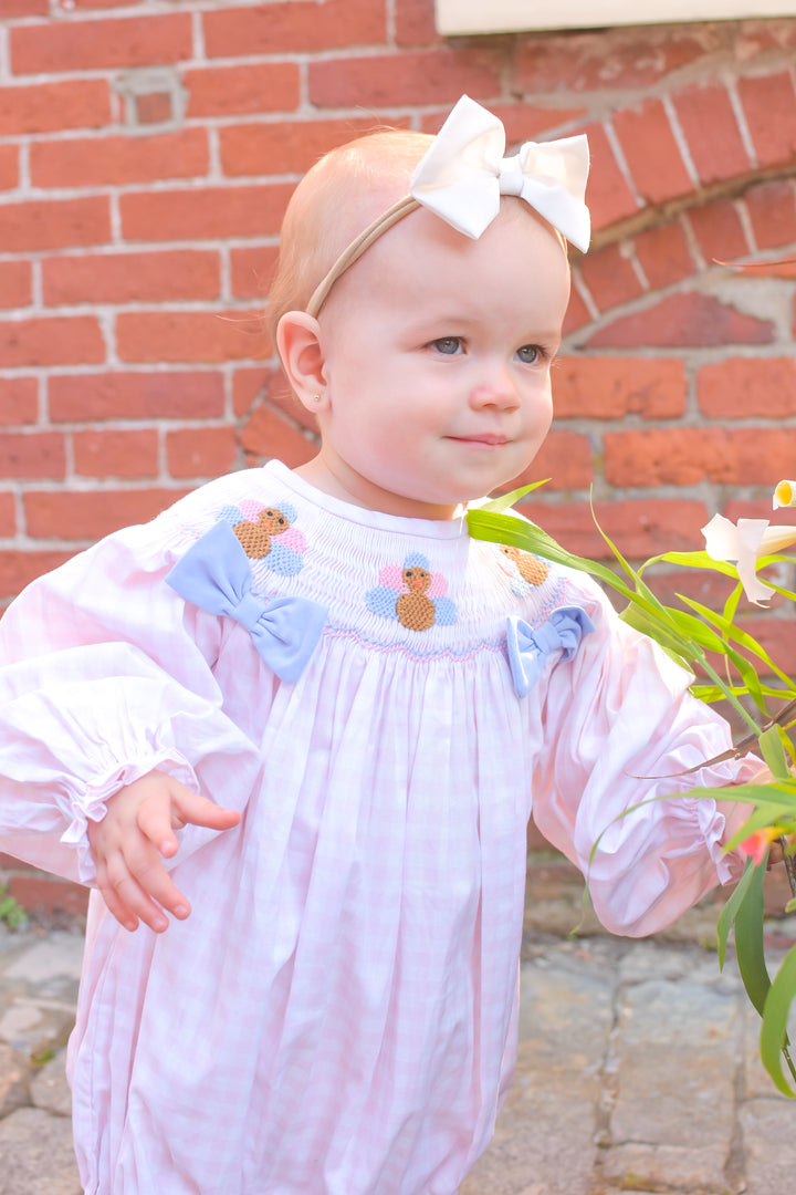 PRE-ORDER Girls Pink Gingham Turkey Smocked Bubble with Blue Bows