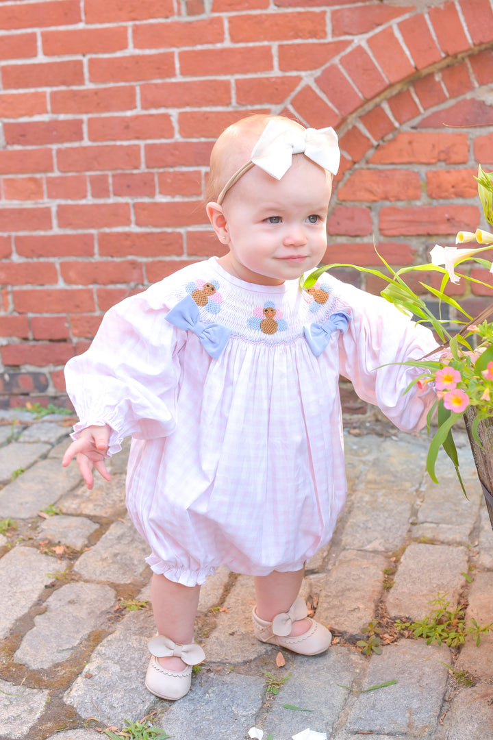 PRE-ORDER Girls Pink Gingham Turkey Smocked Bubble with Blue Bows