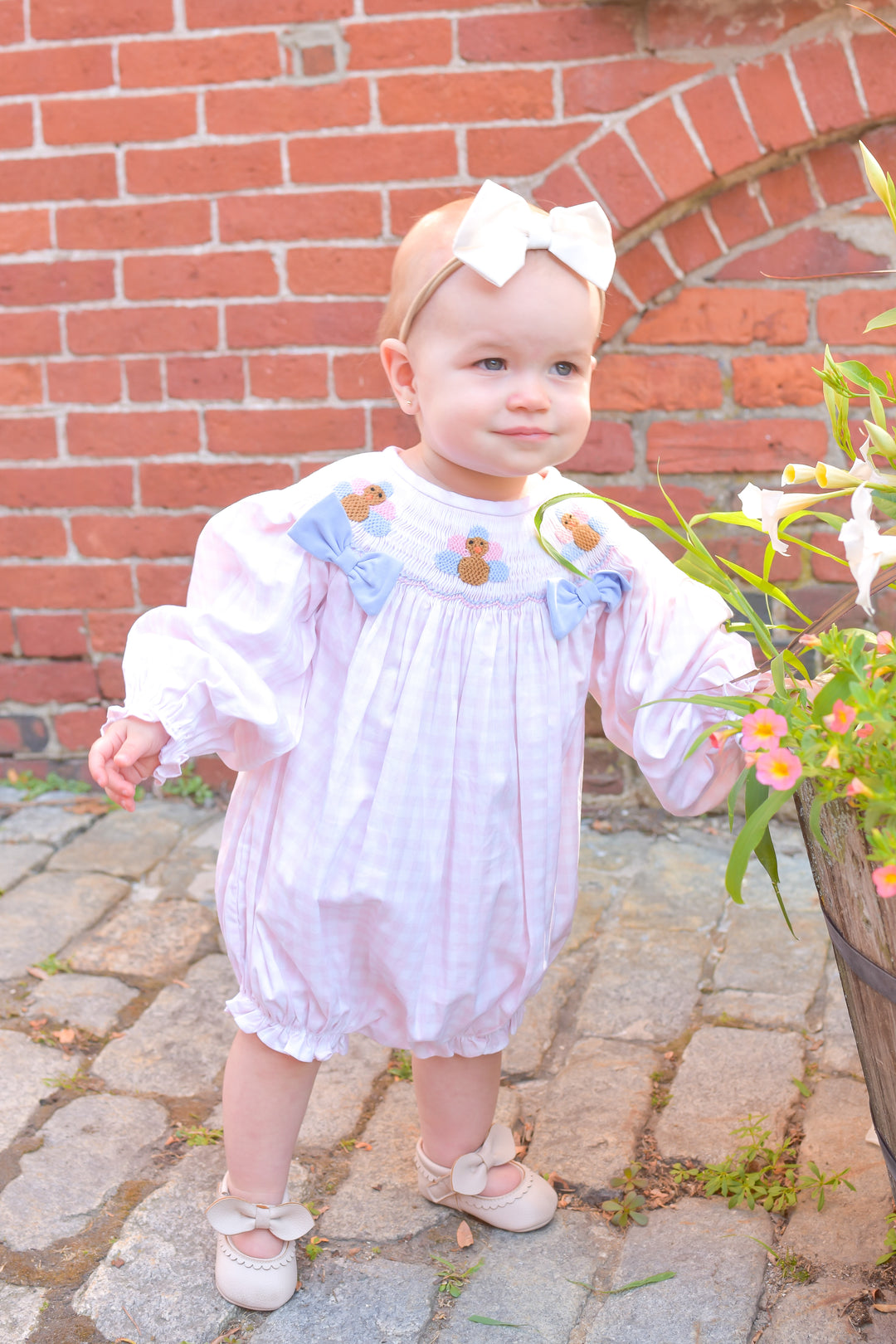 PRE-ORDER Girls Pink Gingham Turkey Smocked Bubble with Blue Bows