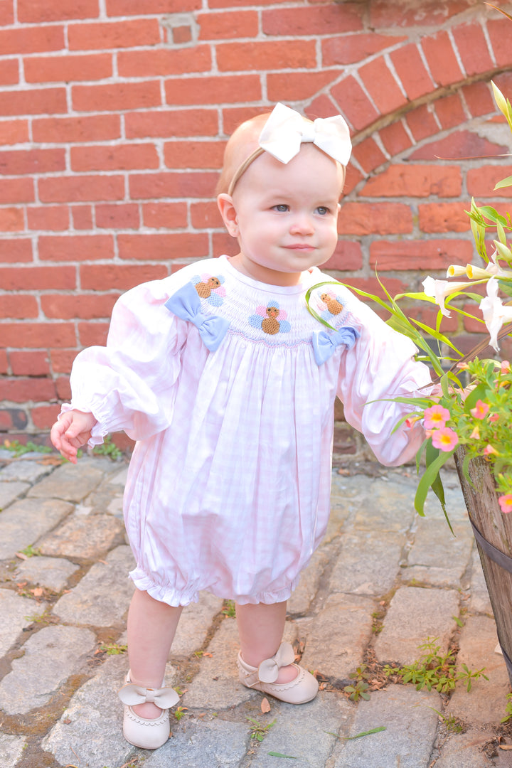 PRE-ORDER Girls Pink Gingham Turkey Smocked Bubble with Blue Bows