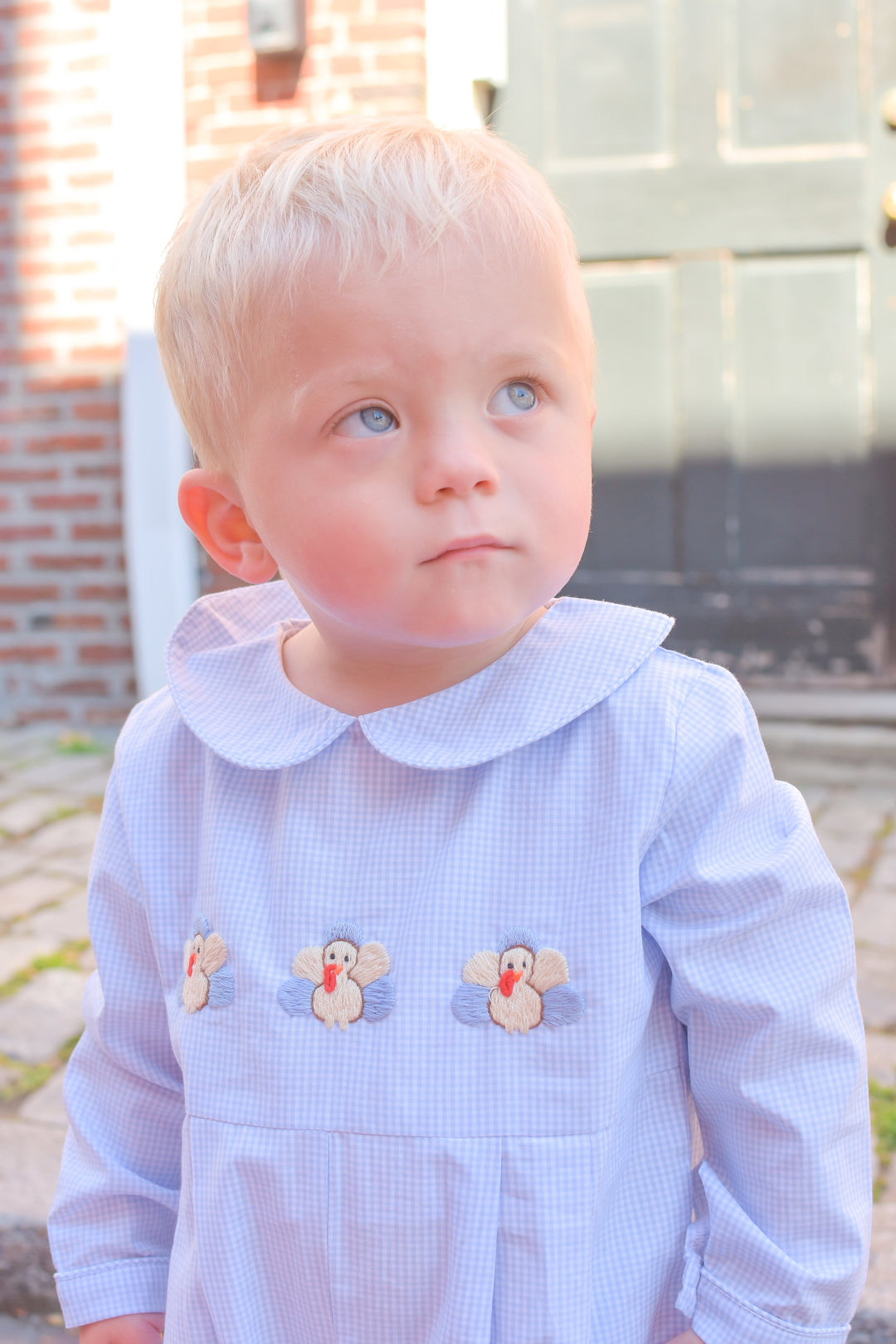 PRE-ORDER Boy Blue Gingham Turkey Thanksgiving Smocked Romper