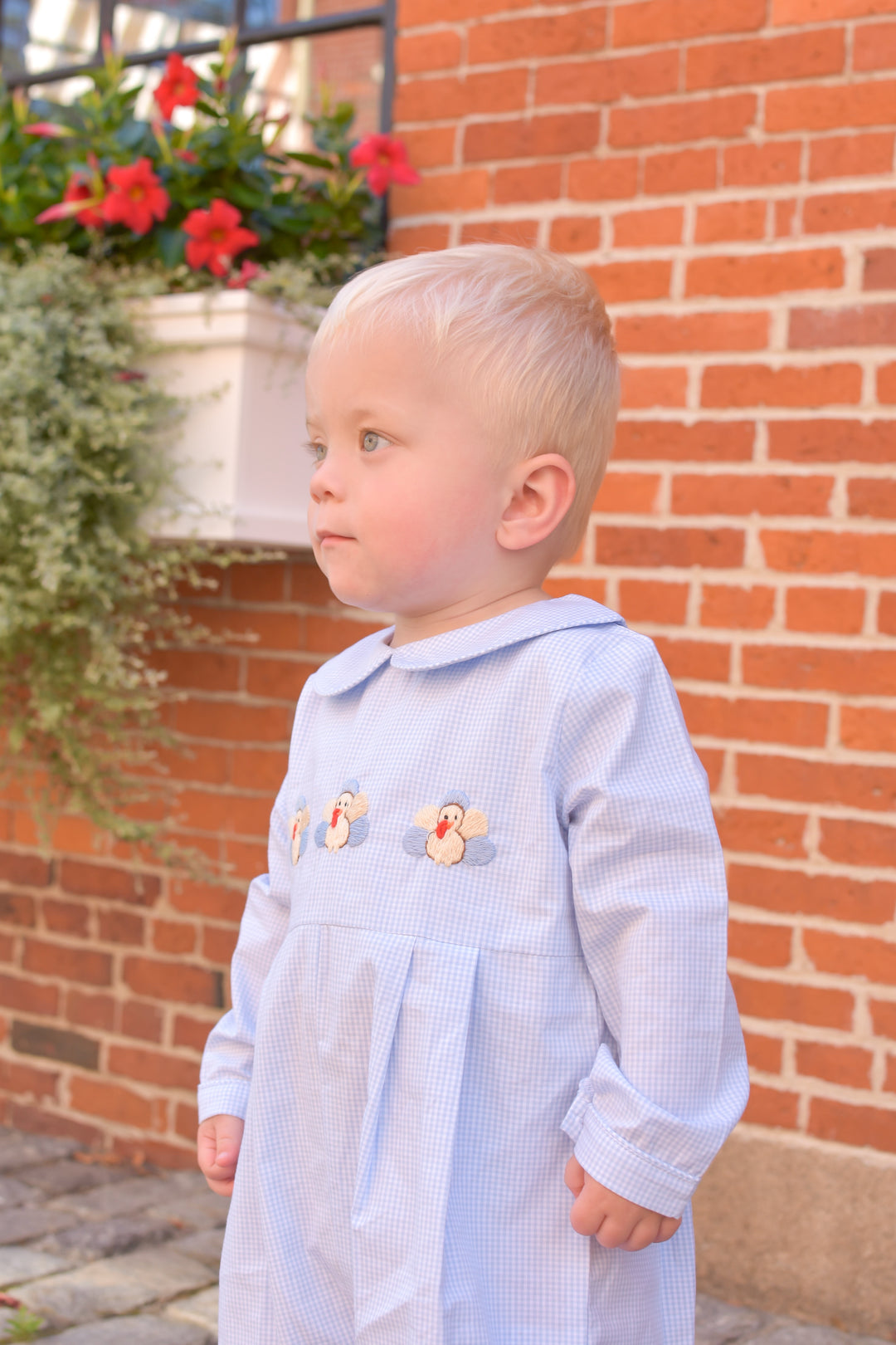 PRE-ORDER Boy Blue Gingham Turkey Thanksgiving Smocked Romper