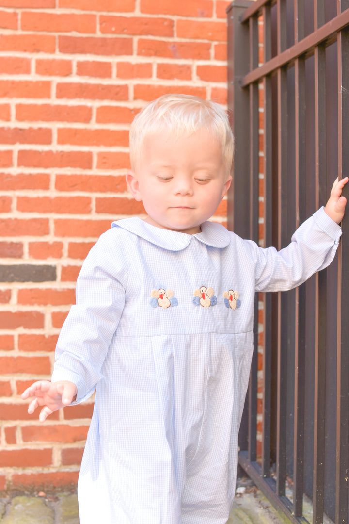 PRE-ORDER Boy Blue Gingham Turkey Thanksgiving Smocked Romper