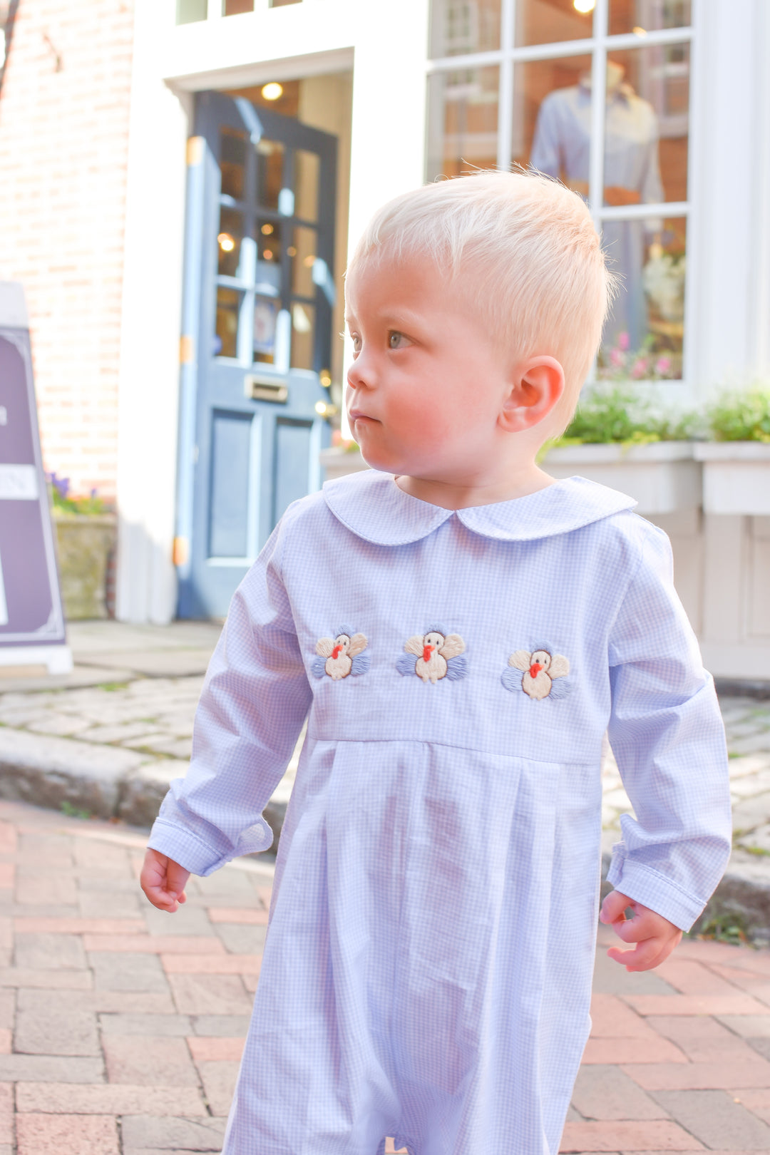 PRE-ORDER Boy Blue Gingham Turkey Thanksgiving Smocked Romper