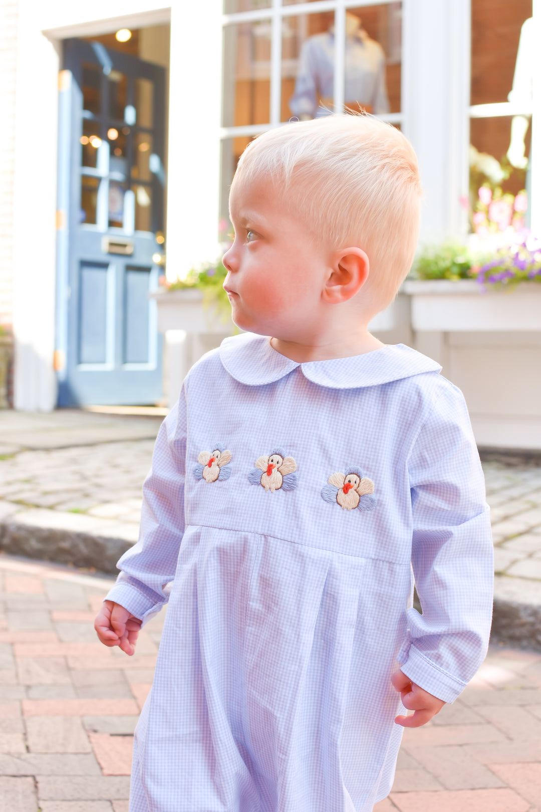 PRE-ORDER Boy Blue Gingham Turkey Thanksgiving Smocked Romper