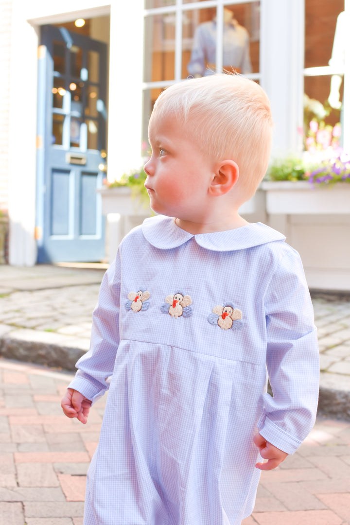 PRE-ORDER Boy Blue Gingham Turkey Thanksgiving Smocked Romper