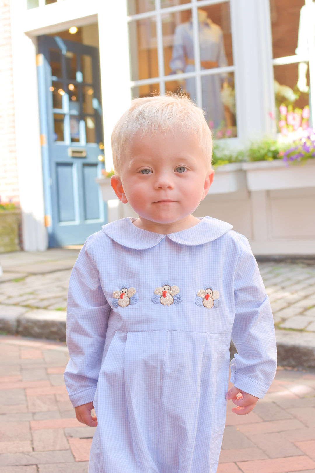 PRE-ORDER Boy Blue Gingham Turkey Thanksgiving Smocked Romper