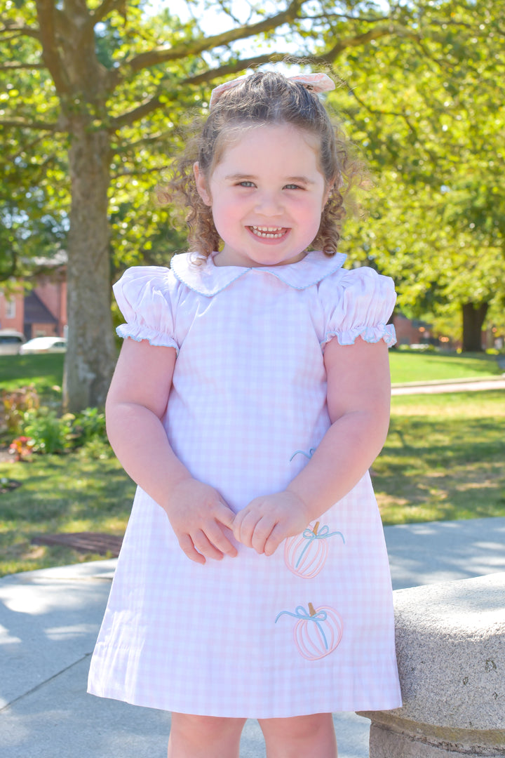 PRE-ORDER Girls Pink Gingham Pumpkin Dress