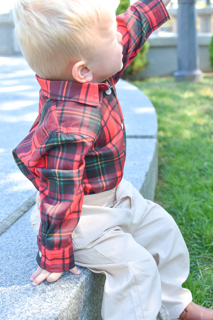 PRE-ORDER Boys Red Tartan Button Down Shirt and Pant Set