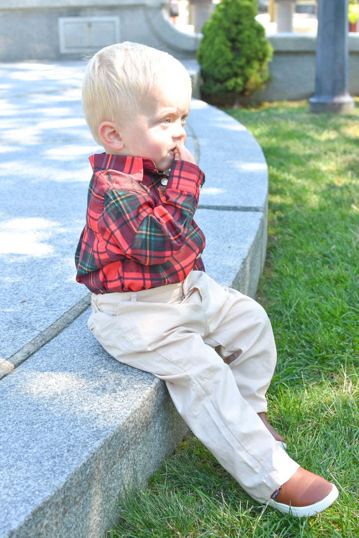 PRE-ORDER Boys Red Tartan Button Down Shirt and Pant Set