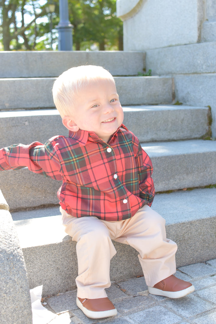PRE-ORDER Boys Red Tartan Button Down Shirt and Pant Set