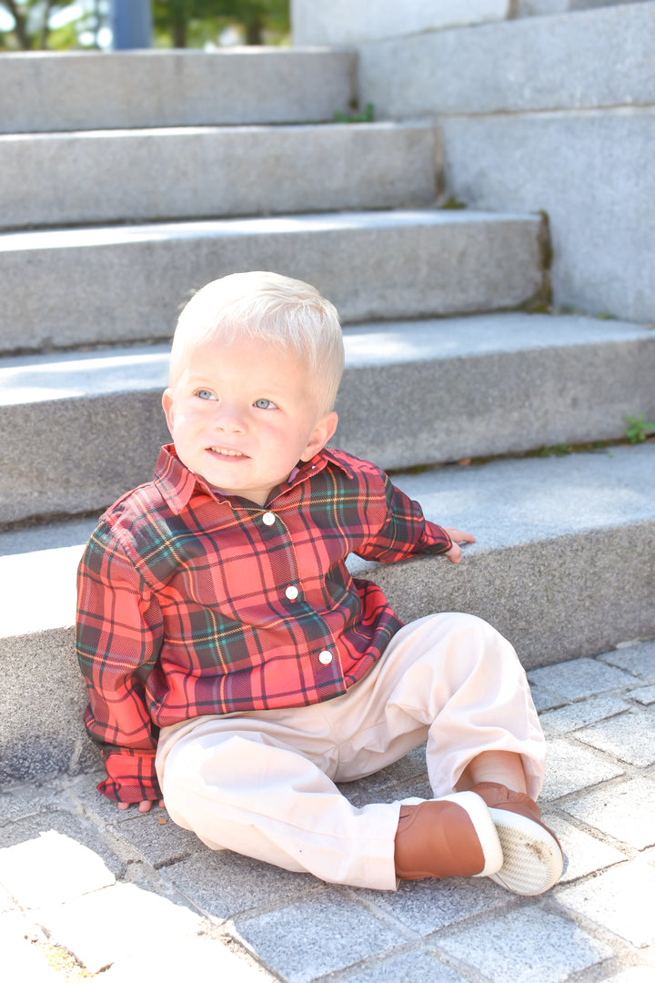 PRE-ORDER Boys Red Tartan Button Down Shirt and Pant Set