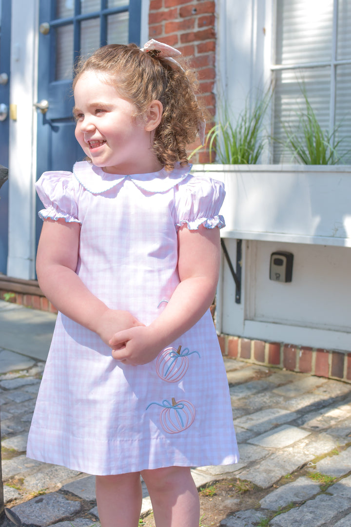 PRE-ORDER Girls Pink Gingham Pumpkin Dress