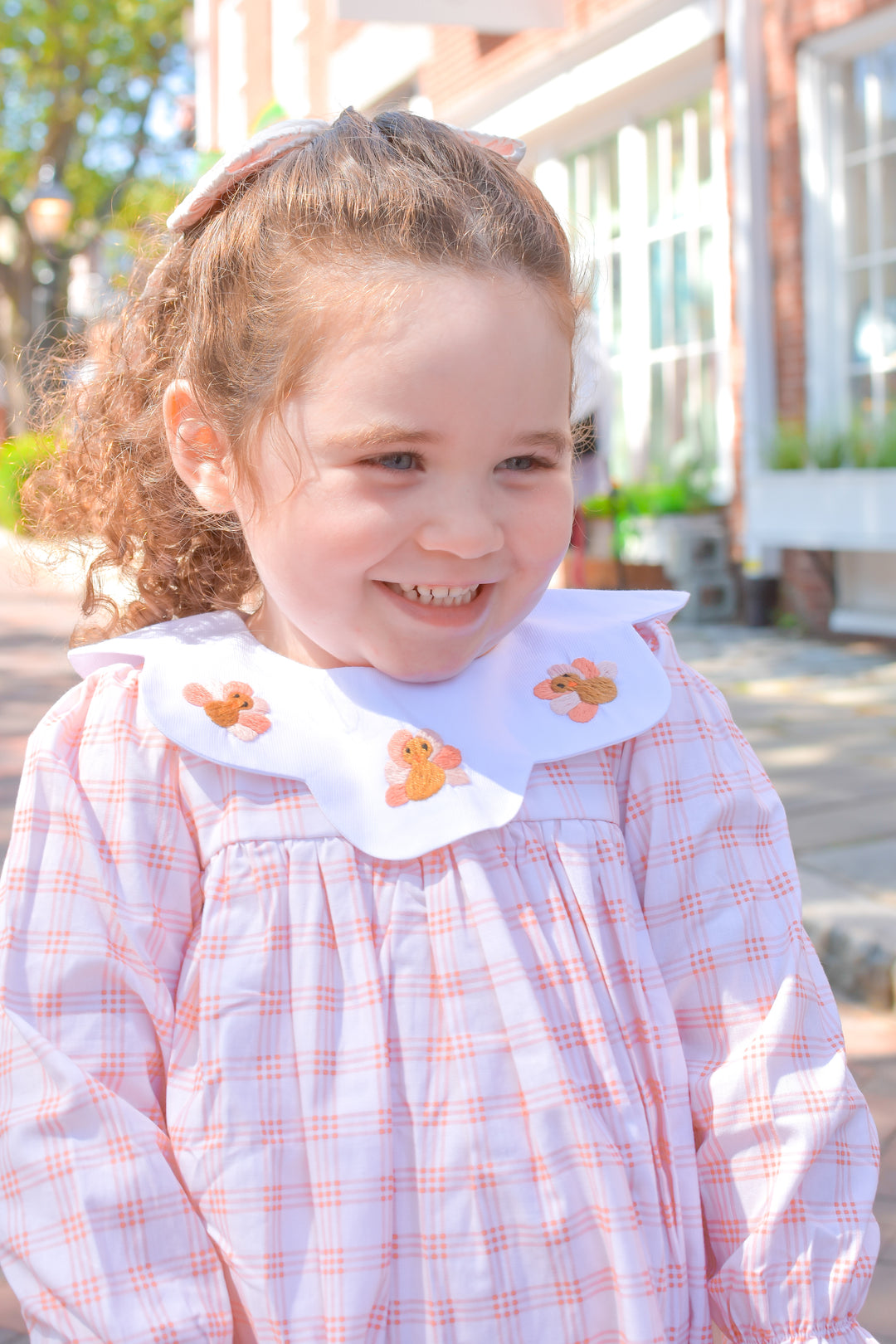 PRE-ORDER Girls Peach Gingham Turkey Collar Dress