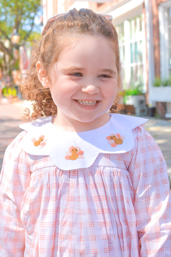 PRE-ORDER Girls Peach Gingham Turkey Collar Dress