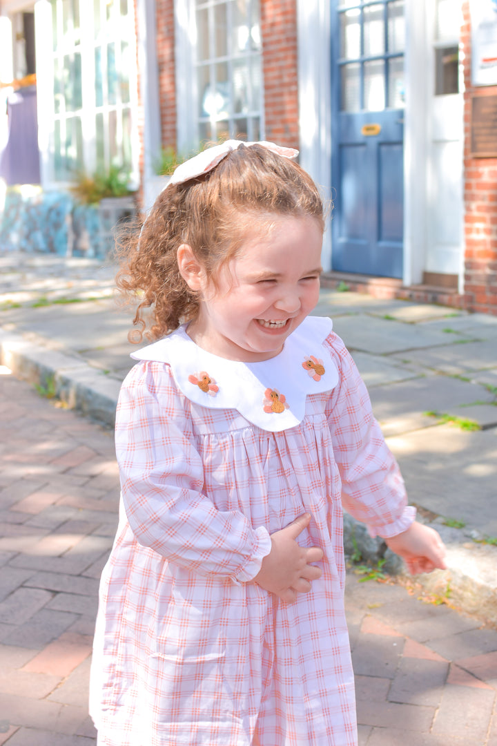 PRE-ORDER Girls Peach Gingham Turkey Collar Dress