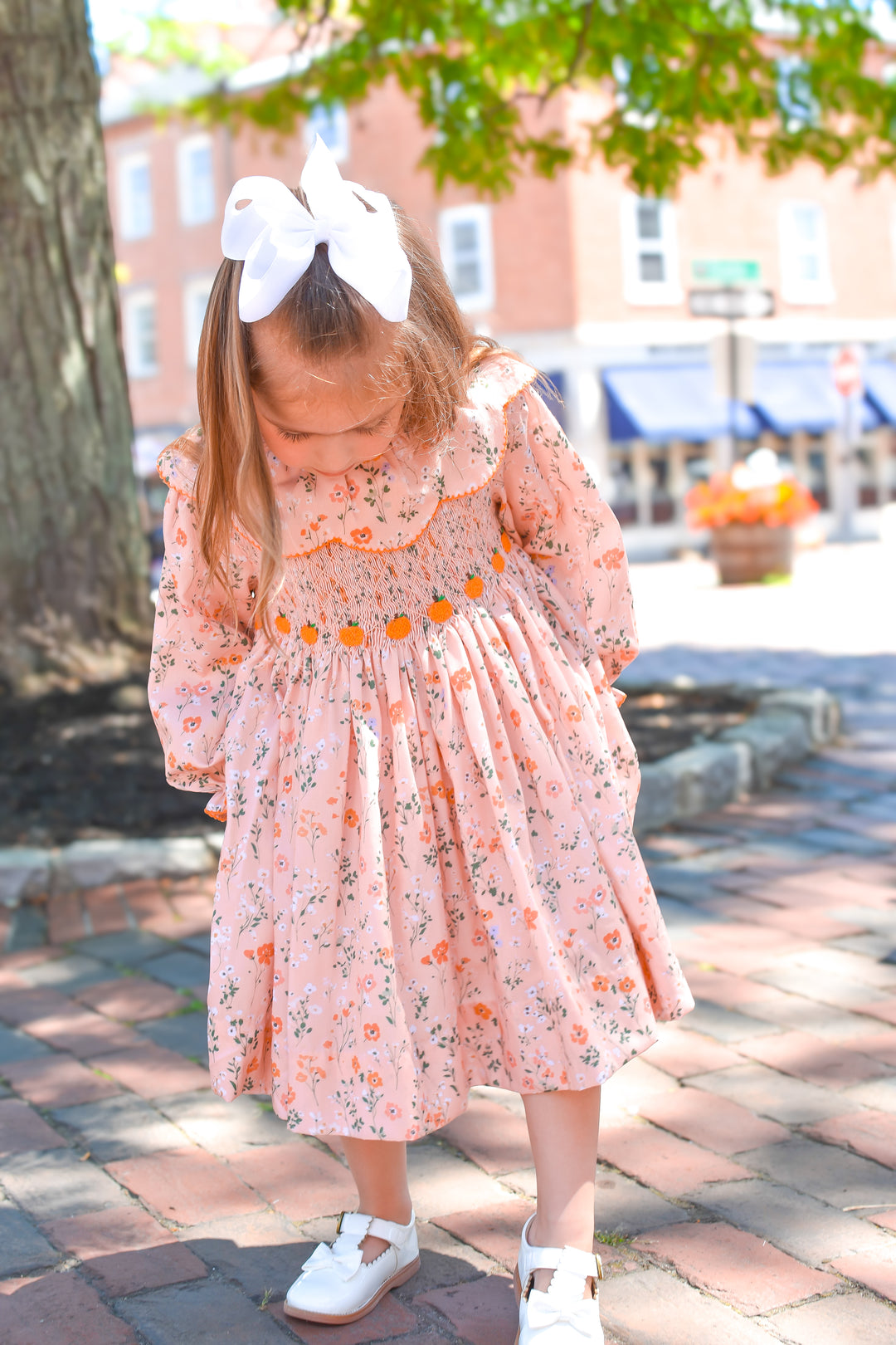 PRE-ORDER Peach Floral Pumpkin Smocked Dress